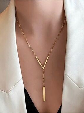 Gold Plated Stainless Steel V Shaped Lariat Necklace
